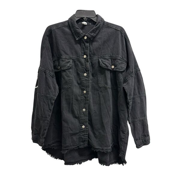 ELAN Dolly Smiley Face Y2K Button Up Shacket Shirt Jacket Denim Black Size Large - Picture 1 of 9
